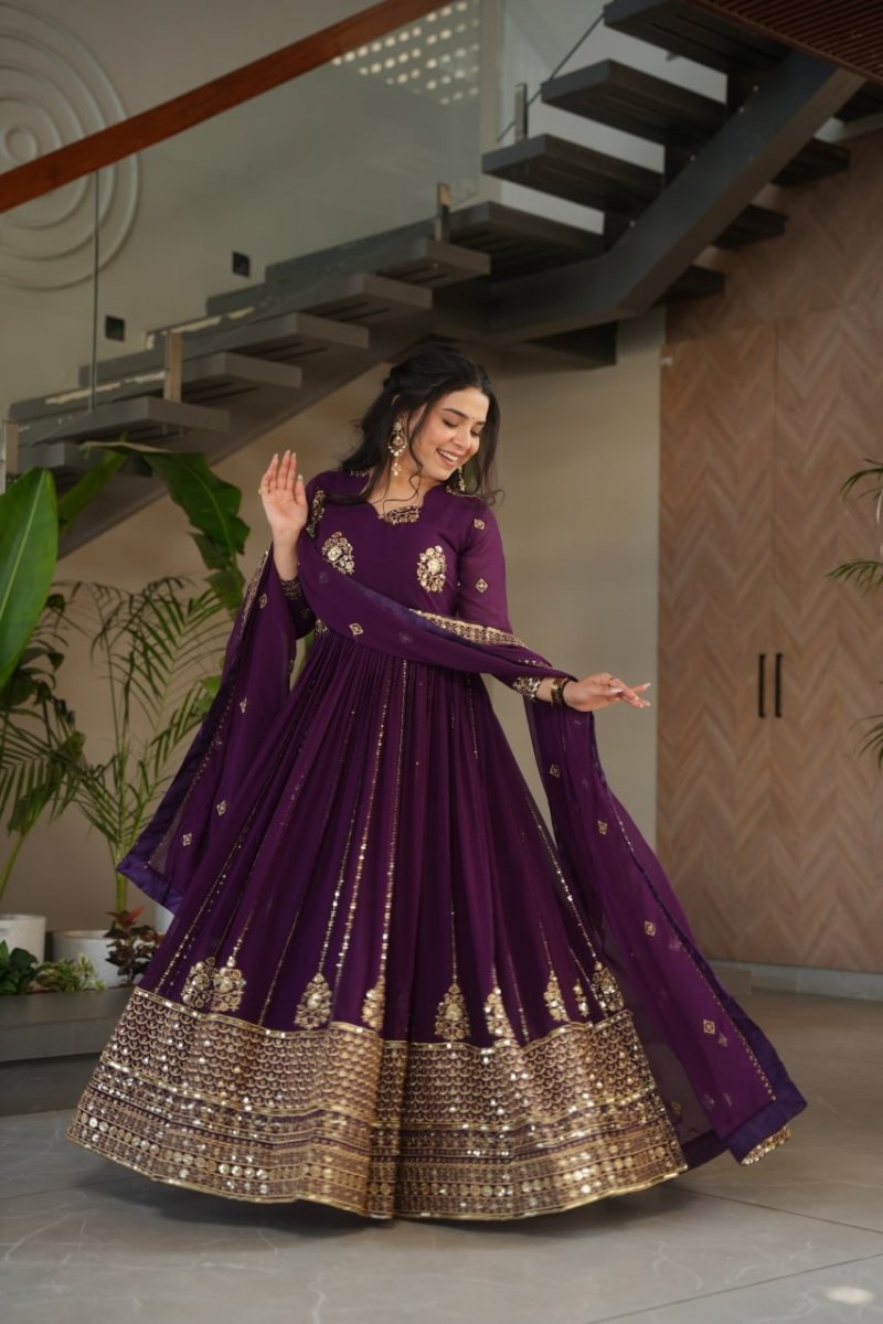 Faux Blooming Anarkali Gown With Zari and Sequins Embroidered Work - 001FASHIONFORWARD