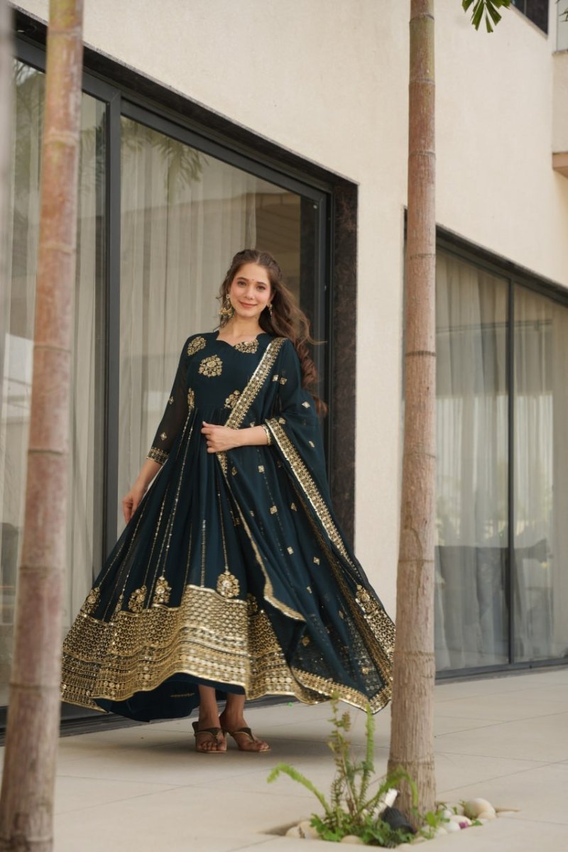 Faux Blooming Anarkali Gown With Zari and Sequins Embroidered Work - 001FASHIONFORWARD