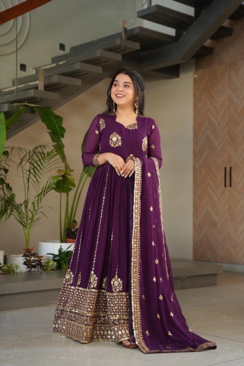 Faux Blooming Anarkali Gown With Zari and Sequins Embroidered Work - 001FASHIONFORWARD