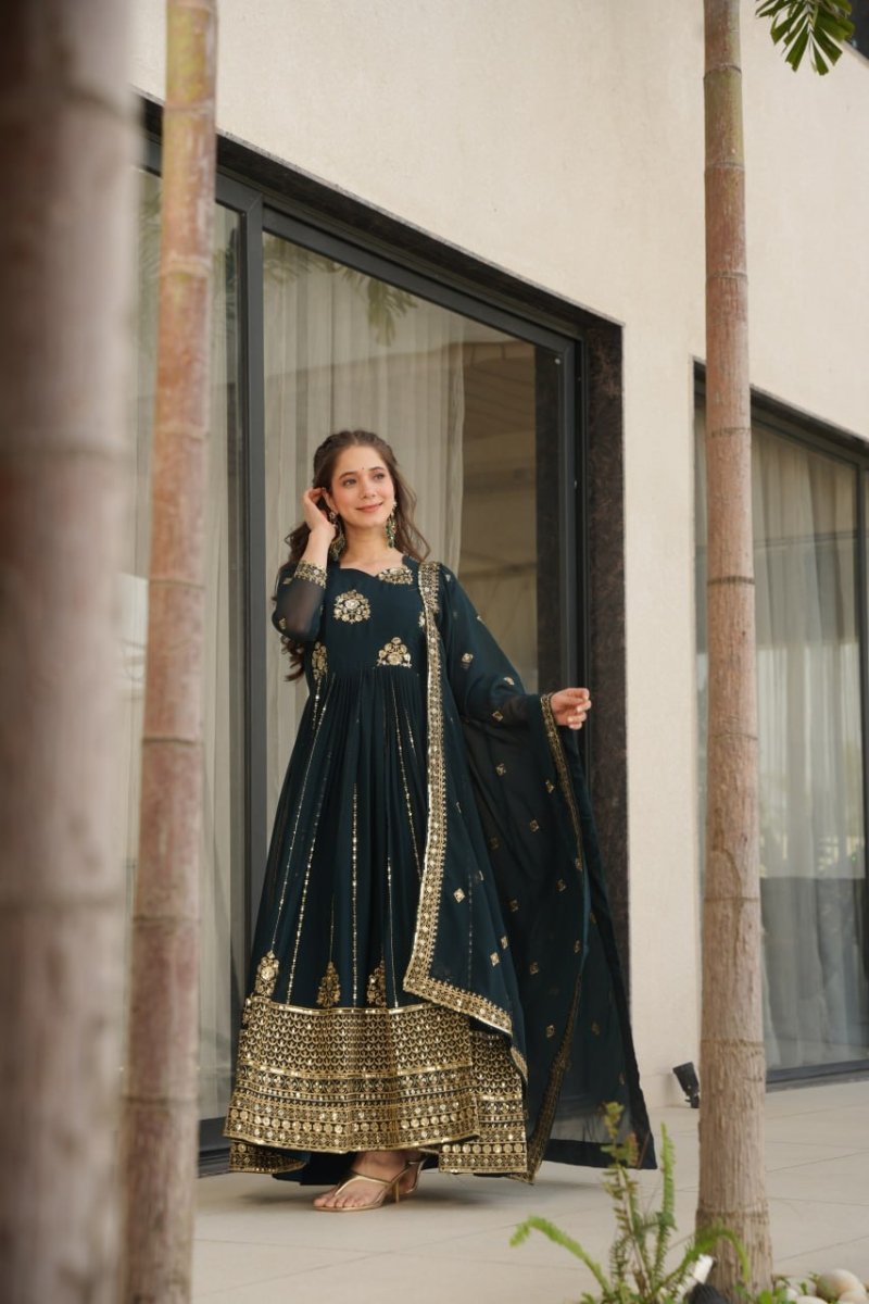 Faux Blooming Anarkali Gown With Zari and Sequins Embroidered Work - 001FASHIONFORWARD