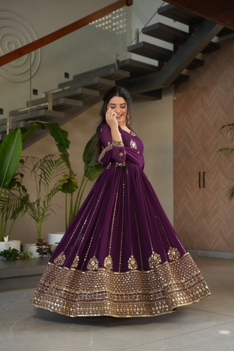 Faux Blooming Anarkali Gown With Zari and Sequins Embroidered Work - 001FASHIONFORWARD