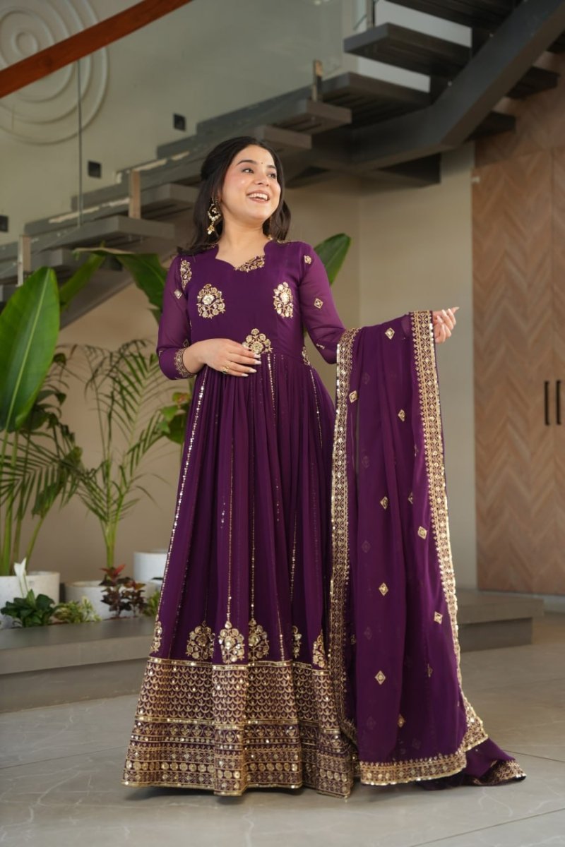 Faux Blooming Anarkali Gown With Zari and Sequins Embroidered Work - 001FASHIONFORWARD