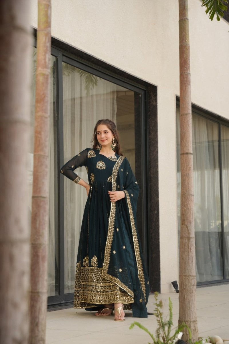 Faux Blooming Anarkali Gown With Zari and Sequins Embroidered Work - 001FASHIONFORWARD