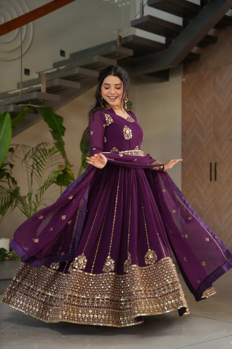 Faux Blooming Anarkali Gown With Zari and Sequins Embroidered Work - 001FASHIONFORWARD