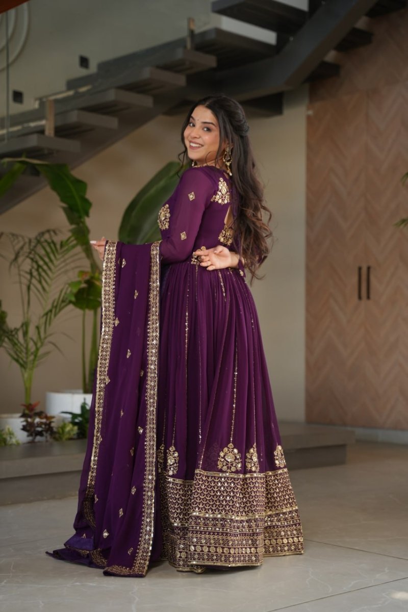 Faux Blooming Anarkali Gown With Zari and Sequins Embroidered Work - 001FASHIONFORWARD