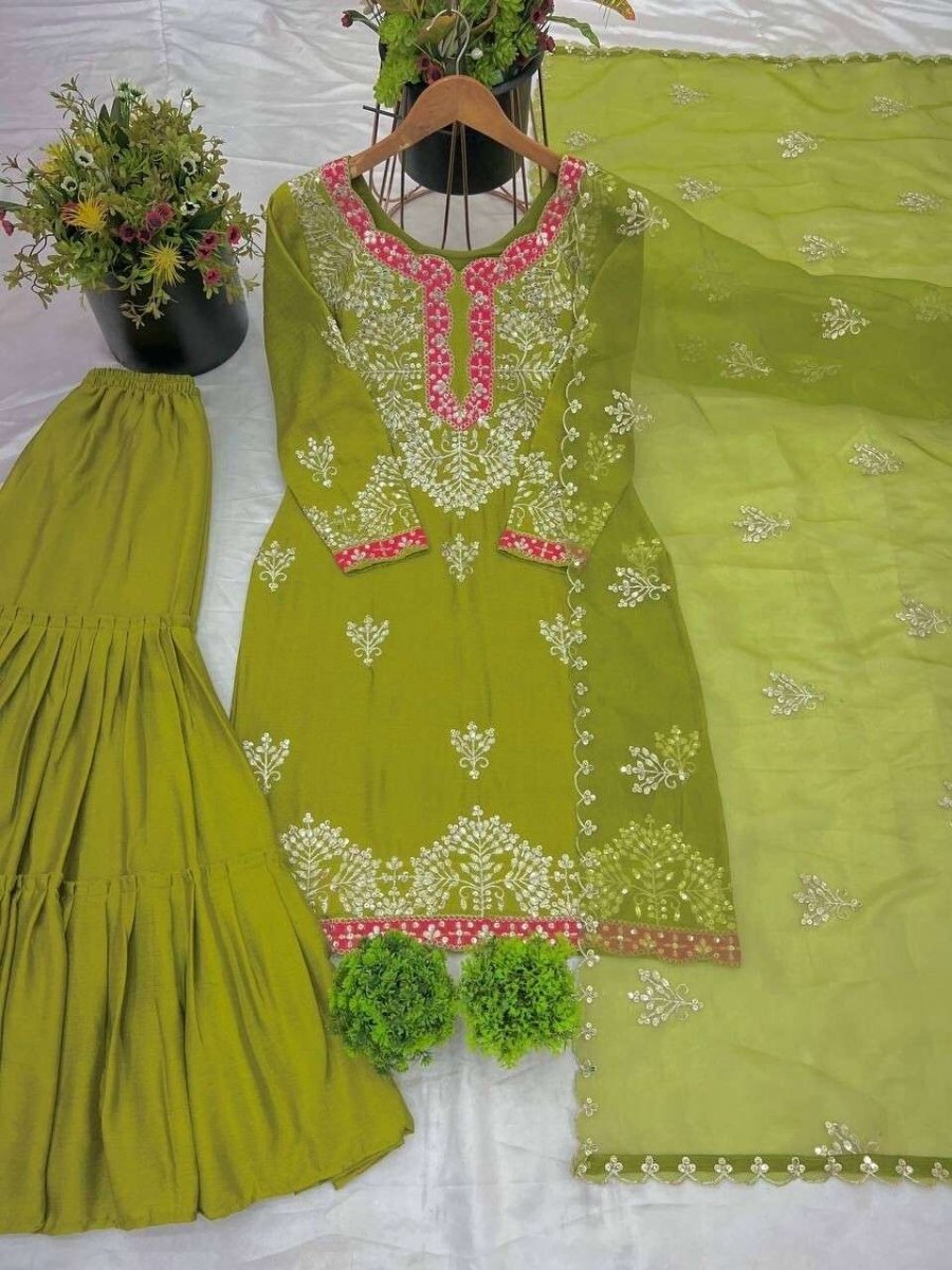 Faux Georgette Embroidered Salwar Kameez with Sharara & Dupatta - Ready to Wear - 001FASHIONFORWARD