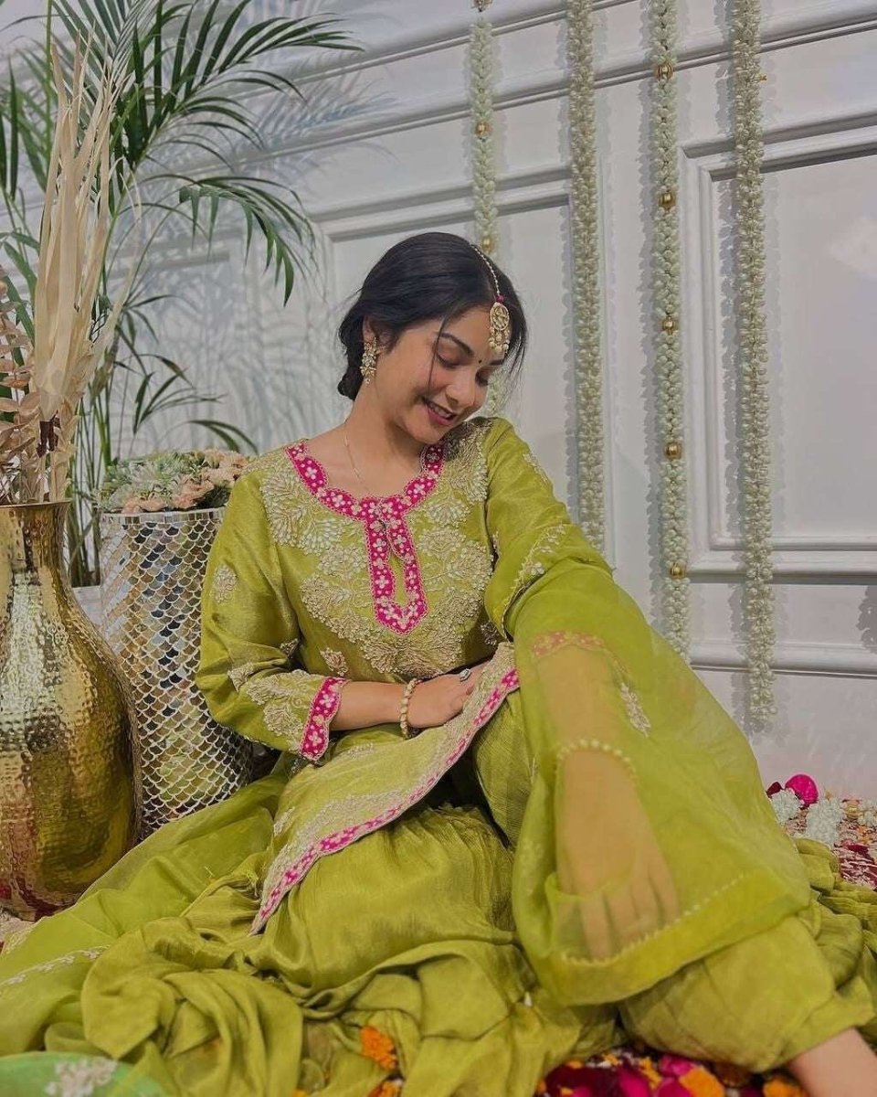 Faux Georgette Embroidered Salwar Kameez with Sharara & Dupatta - Ready to Wear - 001FASHIONFORWARD