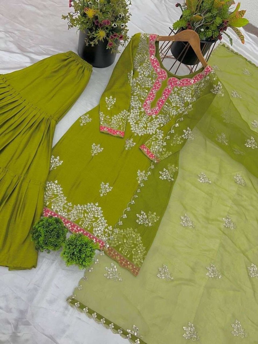 Faux Georgette Embroidered Salwar Kameez with Sharara & Dupatta - Ready to Wear - 001FASHIONFORWARD