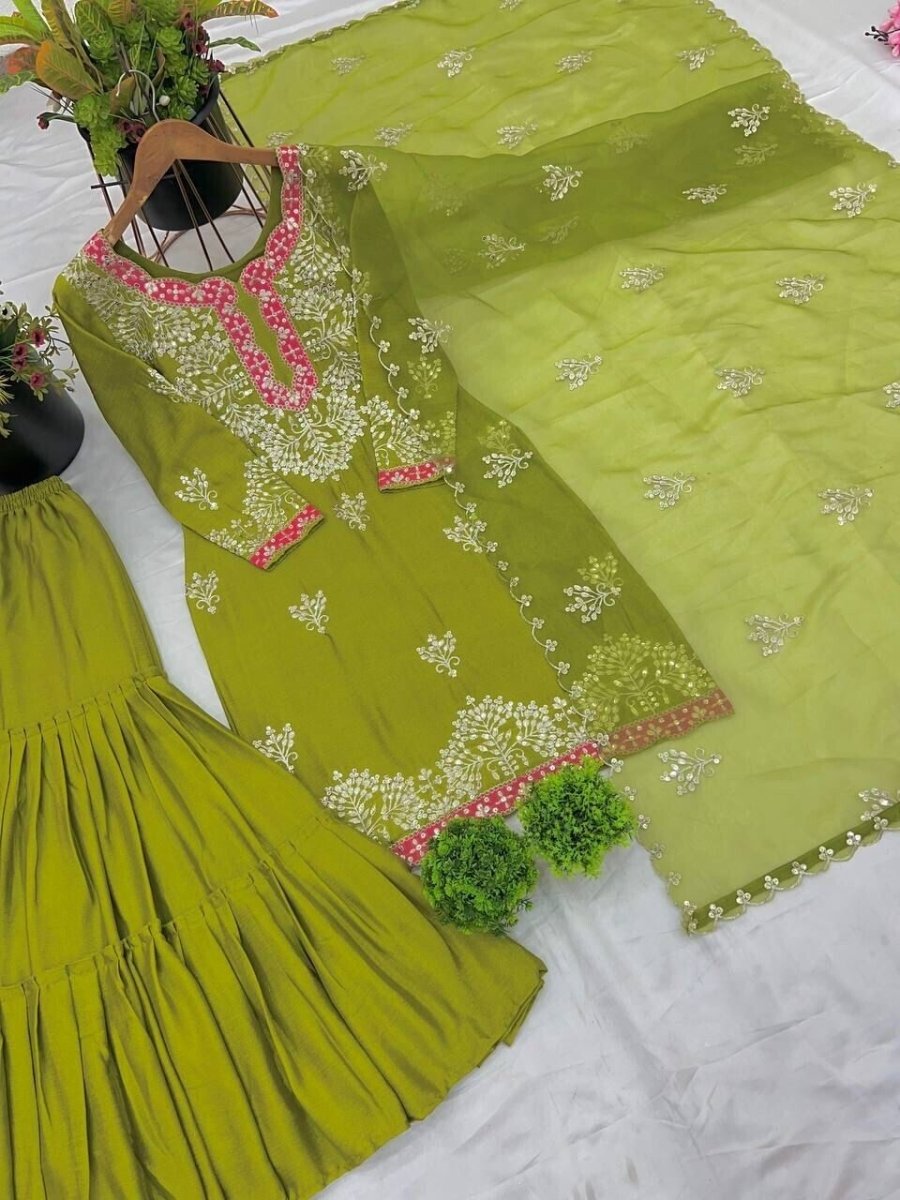 Faux Georgette Embroidered Salwar Kameez with Sharara & Dupatta - Ready to Wear - 001FASHIONFORWARD