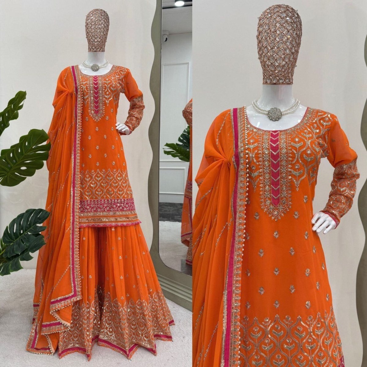 Faux Georgette Embroidered Zari Work Sharara Suit Set with Embroidered Dupatta - 001FASHIONFORWARD