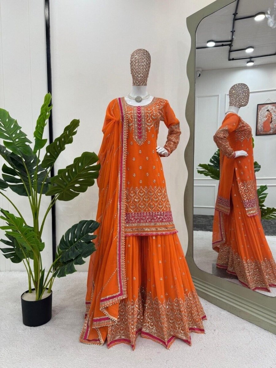 Faux Georgette Embroidered Zari Work Sharara Suit Set with Embroidered Dupatta - 001FASHIONFORWARD