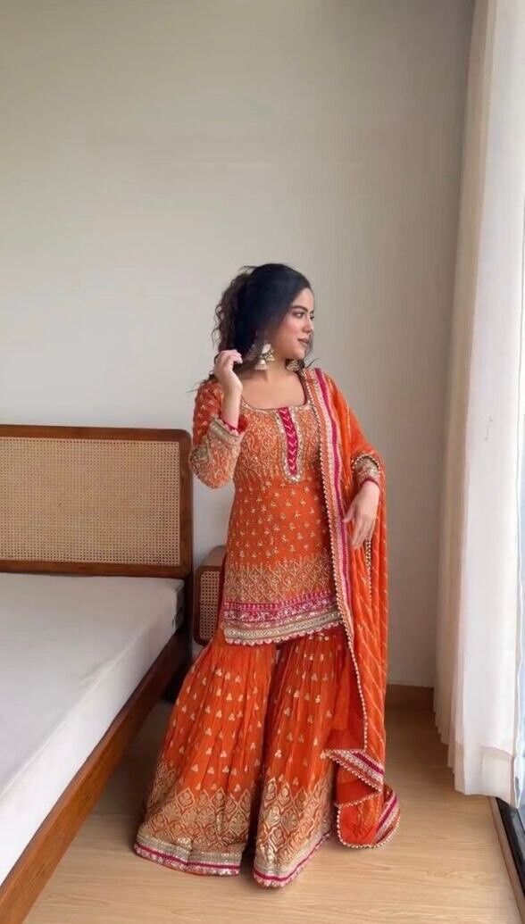 Faux Georgette Embroidered Zari Work Sharara Suit Set with Embroidered Dupatta - 001FASHIONFORWARD