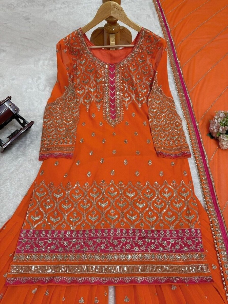 Faux Georgette Embroidered Zari Work Sharara Suit Set with Embroidered Dupatta - 001FASHIONFORWARD