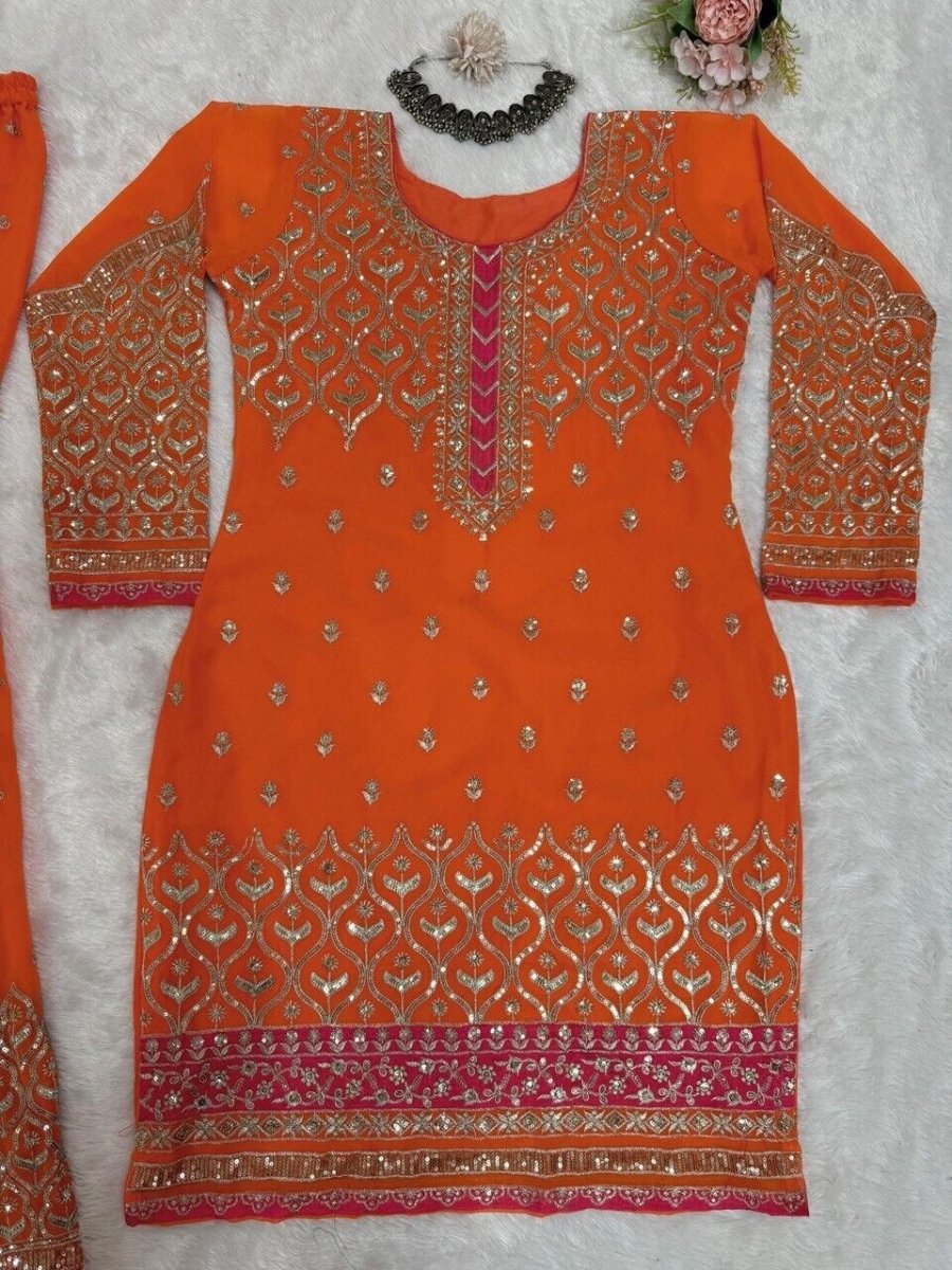 Faux Georgette Embroidered Zari Work Sharara Suit Set with Embroidered Dupatta - 001FASHIONFORWARD