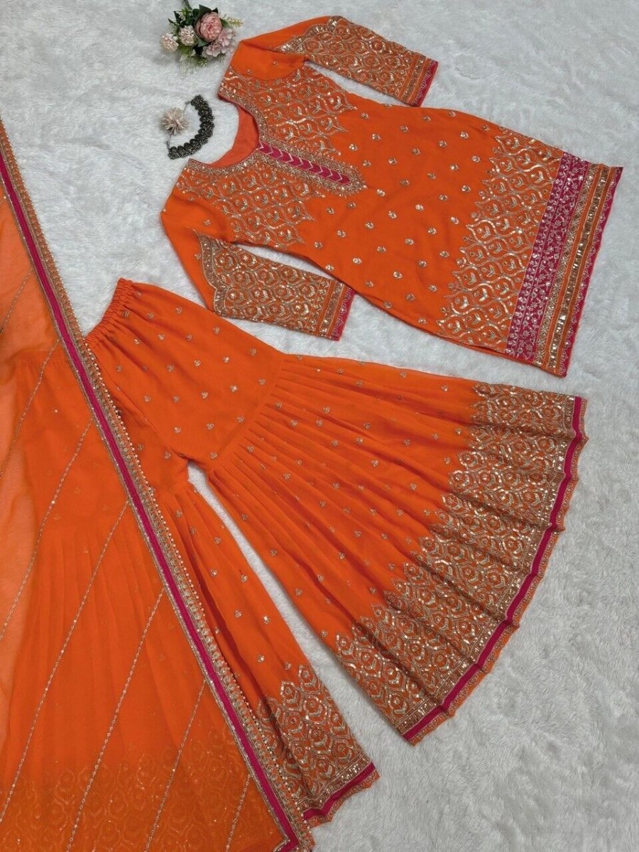Faux Georgette Embroidered Zari Work Sharara Suit Set with Embroidered Dupatta - 001FASHIONFORWARD
