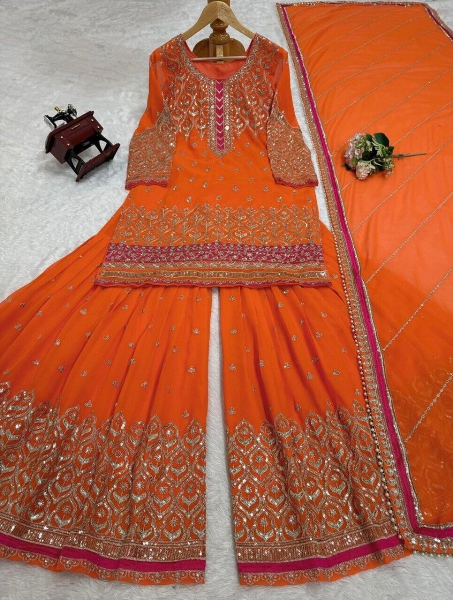 Faux Georgette Embroidered Zari Work Sharara Suit Set with Embroidered Dupatta - 001FASHIONFORWARD