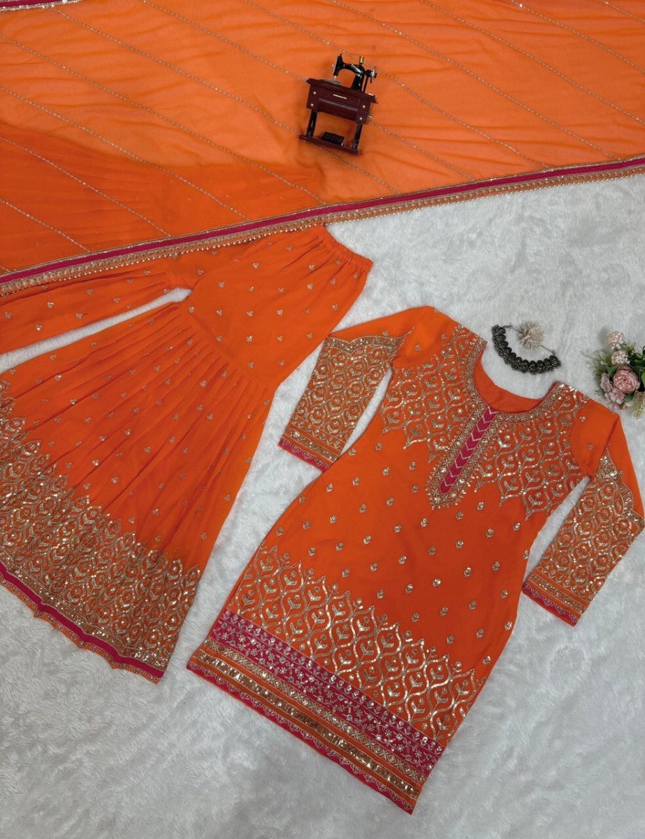 Faux Georgette Embroidered Zari Work Sharara Suit Set with Embroidered Dupatta - 001FASHIONFORWARD