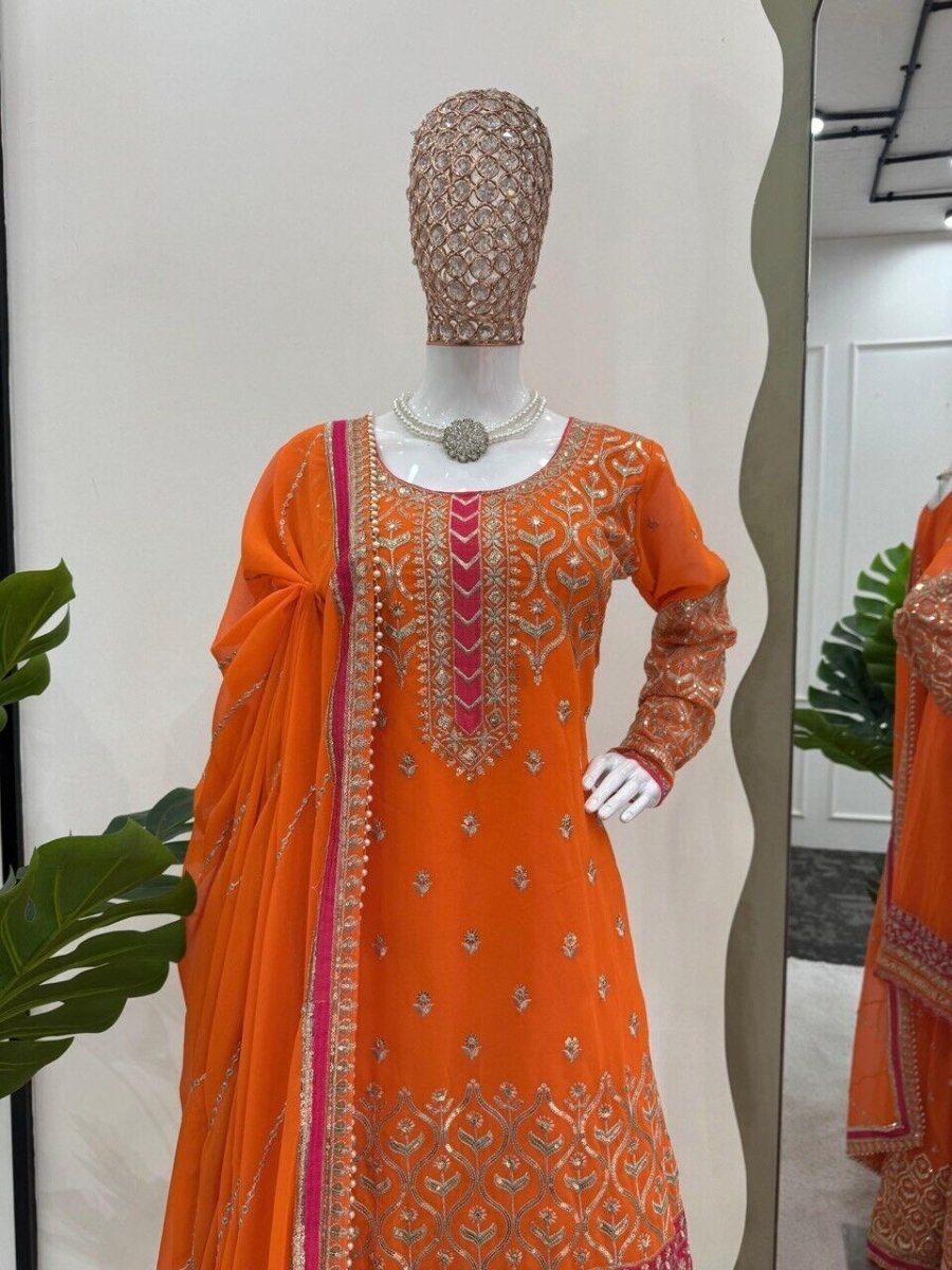 Faux Georgette Embroidered Zari Work Sharara Suit Set with Embroidered Dupatta - 001FASHIONFORWARD