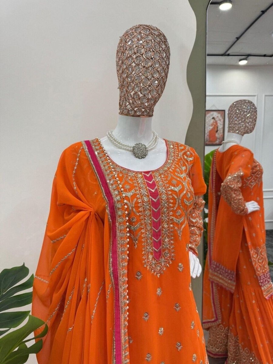 Faux Georgette Embroidered Zari Work Sharara Suit Set with Embroidered Dupatta - 001FASHIONFORWARD