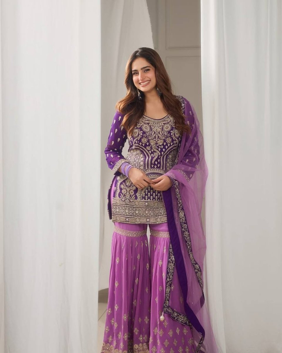 Festive Special Ready to Wear 3 pc Georgette Kurta Sharara Set with Sequins Embroidery - 001FASHIONFORWARD