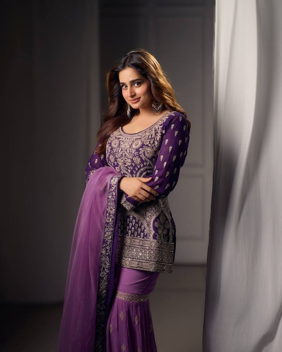 Festive Special Ready to Wear 3 pc Georgette Kurta Sharara Set with Sequins Embroidery - 001FASHIONFORWARD