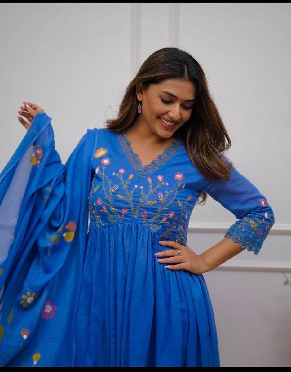 Flared Anarkali gown Kurta Cotton with Embroidered Neckline & Printed - 001FASHIONFORWARD