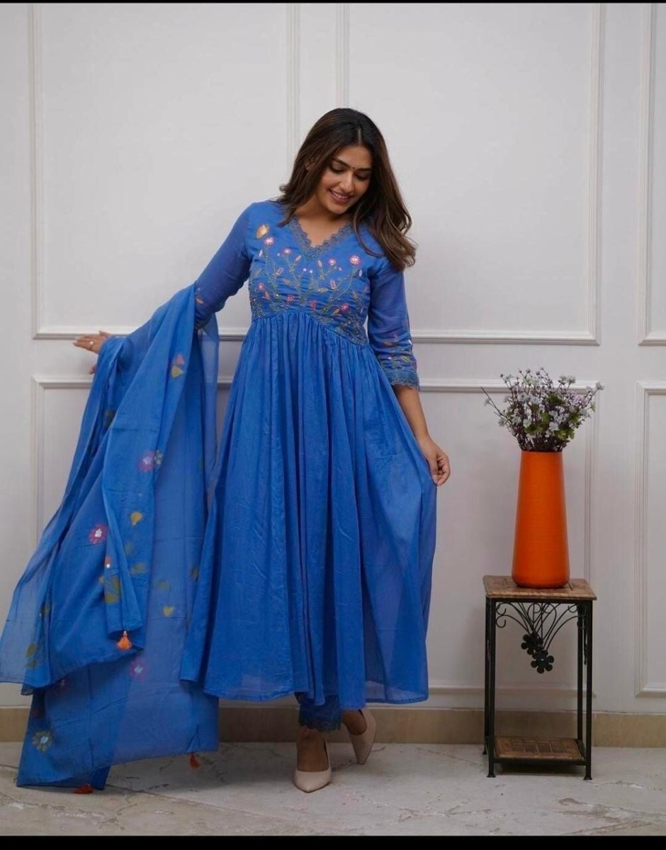 Flared Anarkali gown Kurta Cotton with Embroidered Neckline & Printed - 001FASHIONFORWARD
