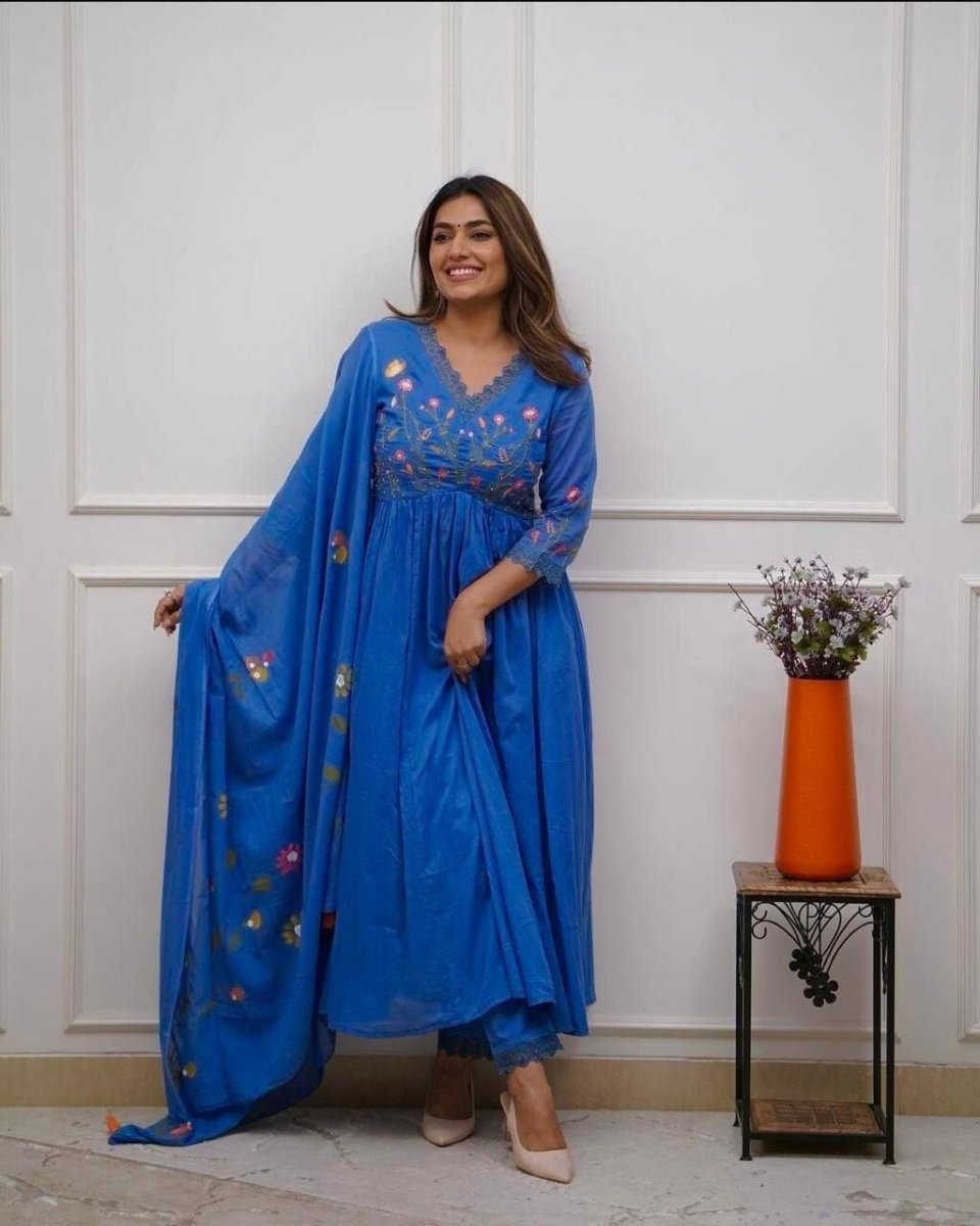 Flared Anarkali gown Kurta Cotton with Embroidered Neckline & Printed - 001FASHIONFORWARD
