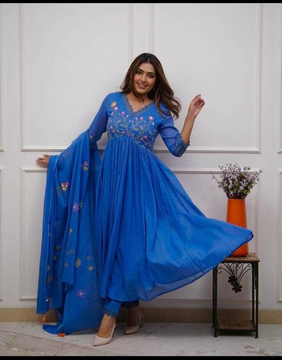 Flared Anarkali gown Kurta Cotton with Embroidered Neckline & Printed - 001FASHIONFORWARD