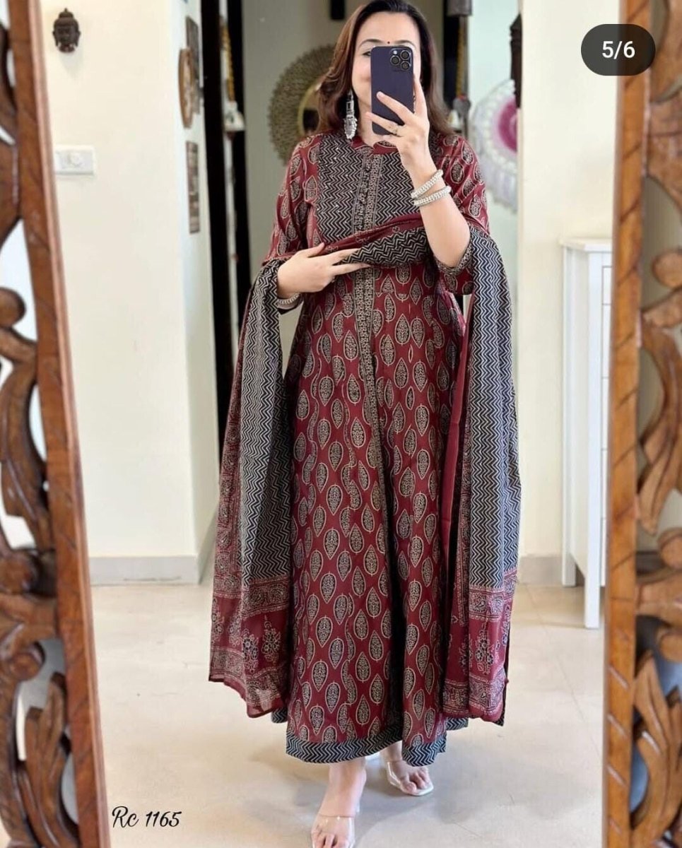 Floral Cotton Printed Anarkali gown Dupatta Front Slit Wear Tunic Kurti Suit - 001FASHIONFORWARD