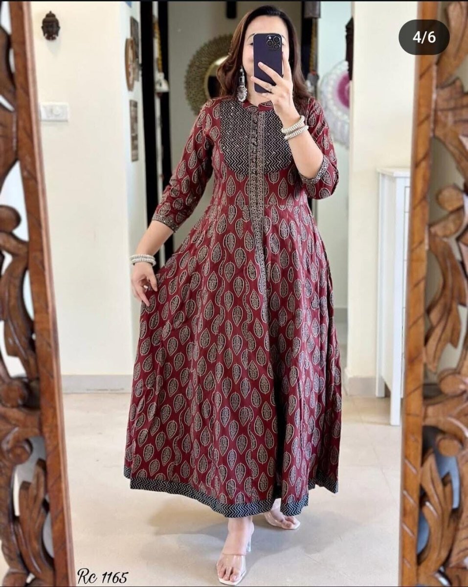 Floral Cotton Printed Anarkali gown Dupatta Front Slit Wear Tunic Kurti Suit - 001FASHIONFORWARD