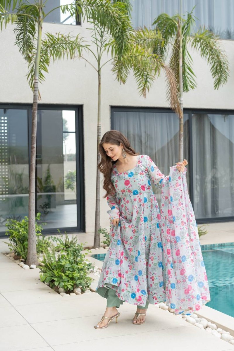 Floral Print Organza Silk Anarkali Gown With Pant & Duppatta - 001FASHIONFORWARD