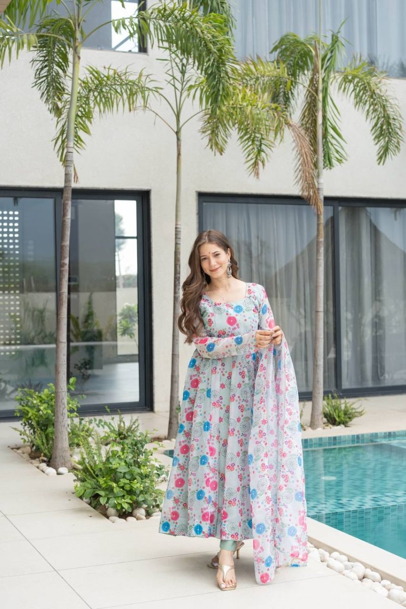 Floral Print Organza Silk Anarkali Gown With Pant & Duppatta - 001FASHIONFORWARD