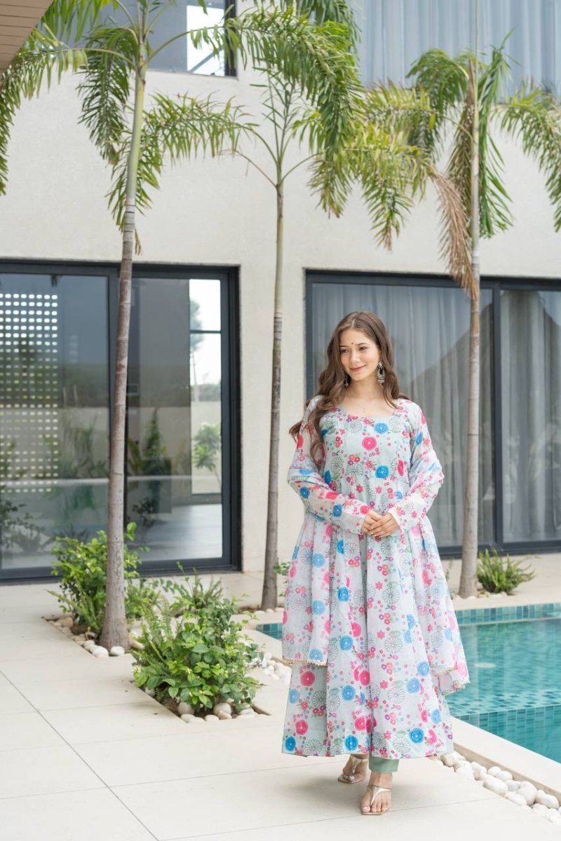 Floral Print Organza Silk Anarkali Gown With Pant & Duppatta - 001FASHIONFORWARD