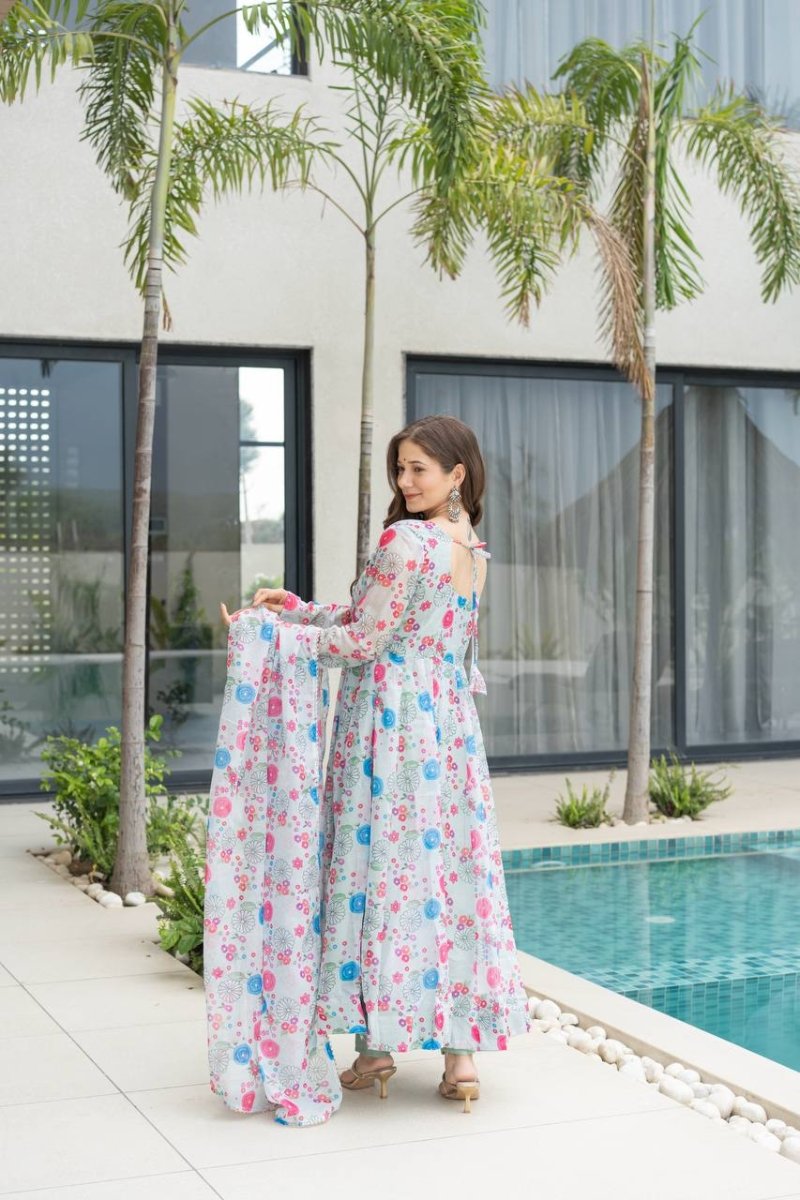 Floral Print Organza Silk Anarkali Gown With Pant & Duppatta - 001FASHIONFORWARD