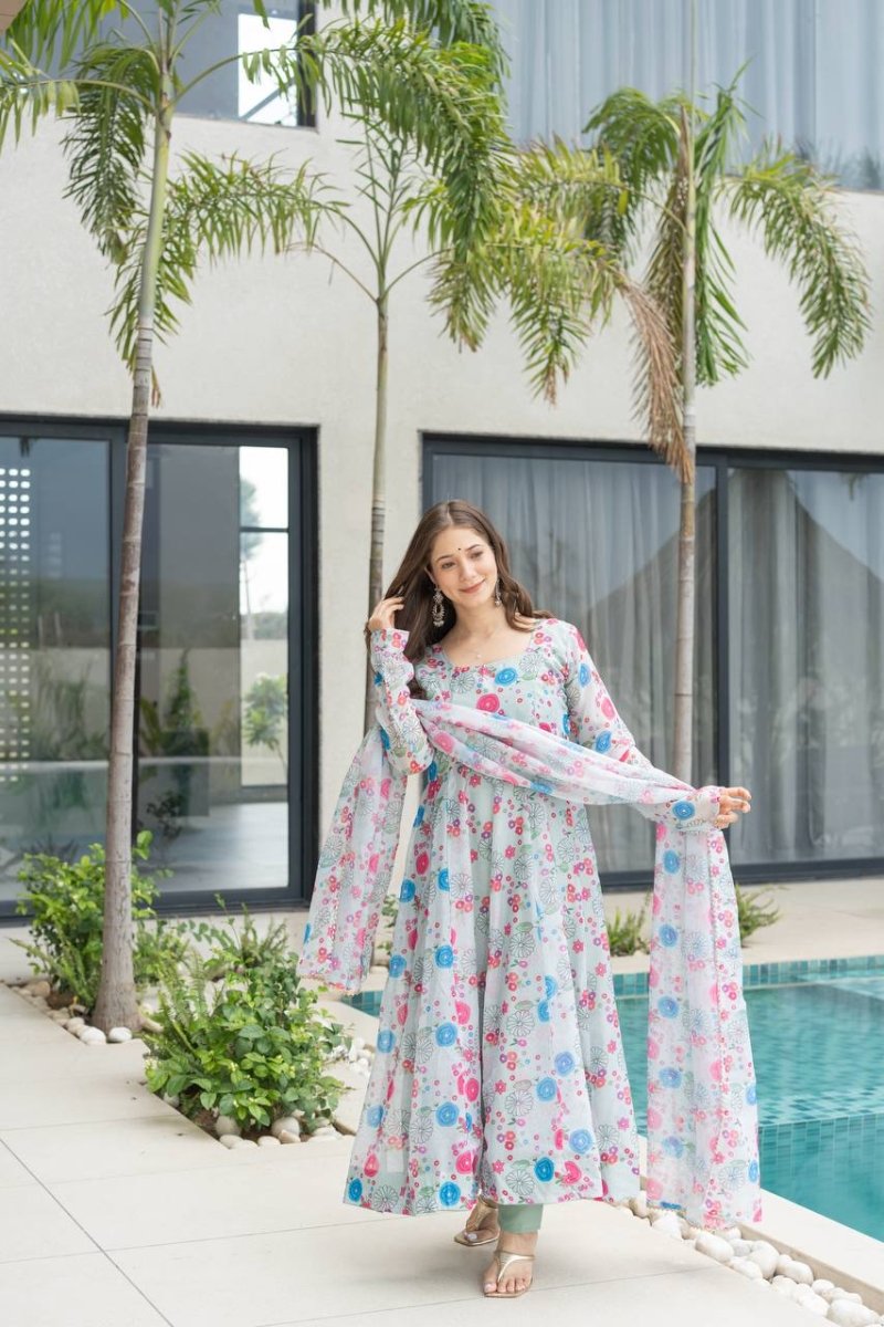 Floral Print Organza Silk Anarkali Gown With Pant & Duppatta - 001FASHIONFORWARD