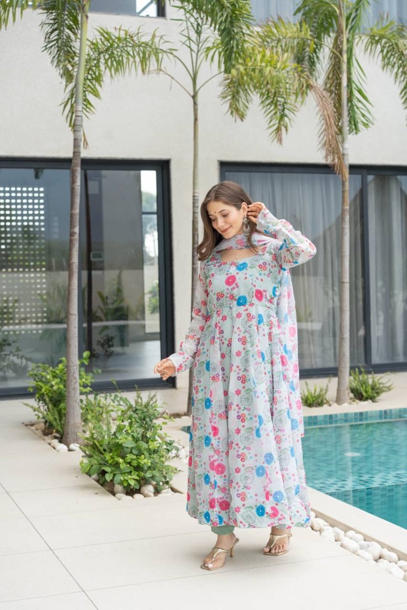 Floral Print Organza Silk Anarkali Gown With Pant & Duppatta - 001FASHIONFORWARD