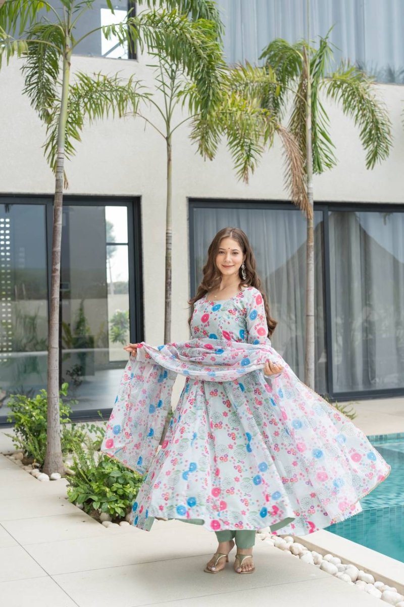 Floral Print Organza Silk Anarkali Gown With Pant & Duppatta - 001FASHIONFORWARD