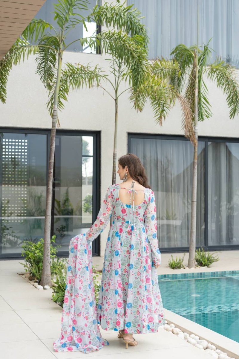 Floral Print Organza Silk Anarkali Gown With Pant & Duppatta - 001FASHIONFORWARD