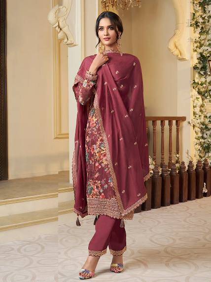 Floral Printed Chinon Silk Salwar kameez Suit Set with Sequence & Coding Work - 001FASHIONFORWARD