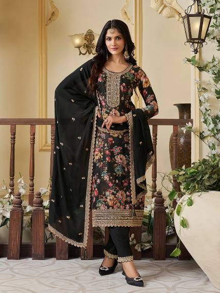 Floral Printed Chinon Silk Salwar kameez Suit Set with Sequence & Coding Work - 001FASHIONFORWARD