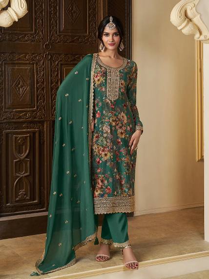 Floral Printed Chinon Silk Salwar kameez Suit Set with Sequence & Coding Work - 001FASHIONFORWARD