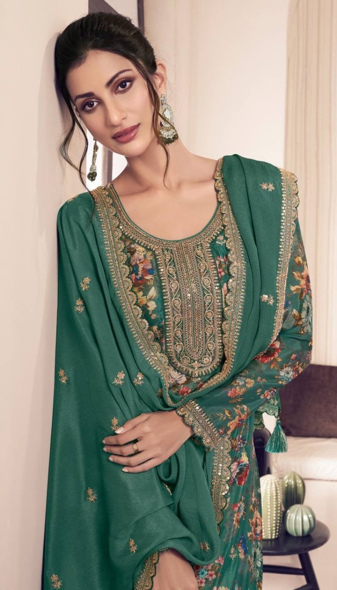 Floral Printed Chinon Silk Salwar kameez Suit Set with Sequence & Coding Work - 001FASHIONFORWARD
