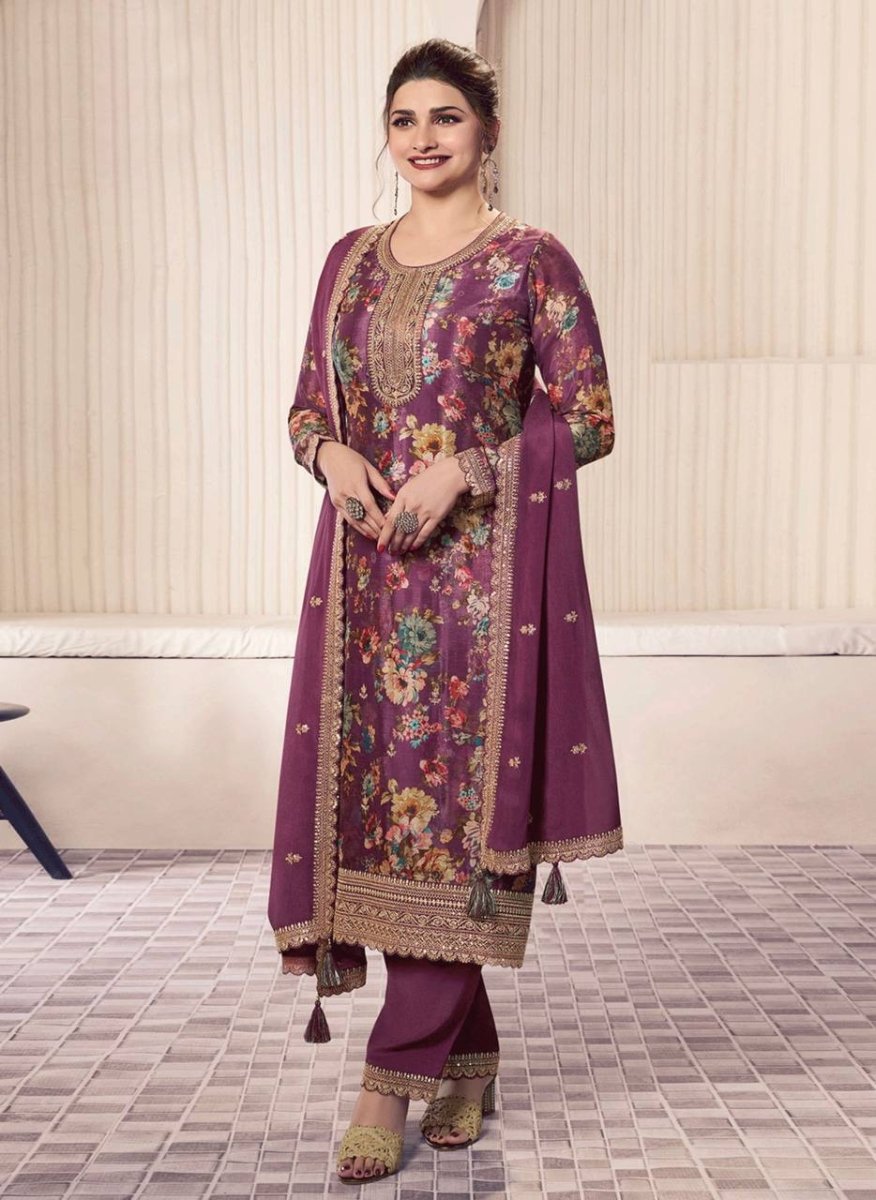 Floral Printed Chinon Silk Salwar kameez Suit Set with Sequence & Coding Work - 001FASHIONFORWARD