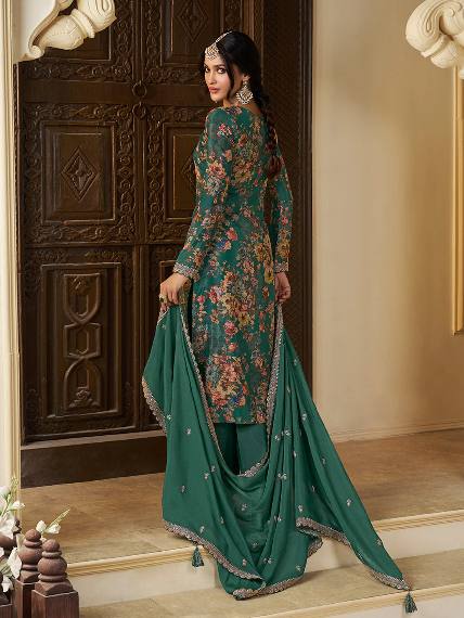 Floral Printed Chinon Silk Salwar kameez Suit Set with Sequence & Coding Work - 001FASHIONFORWARD