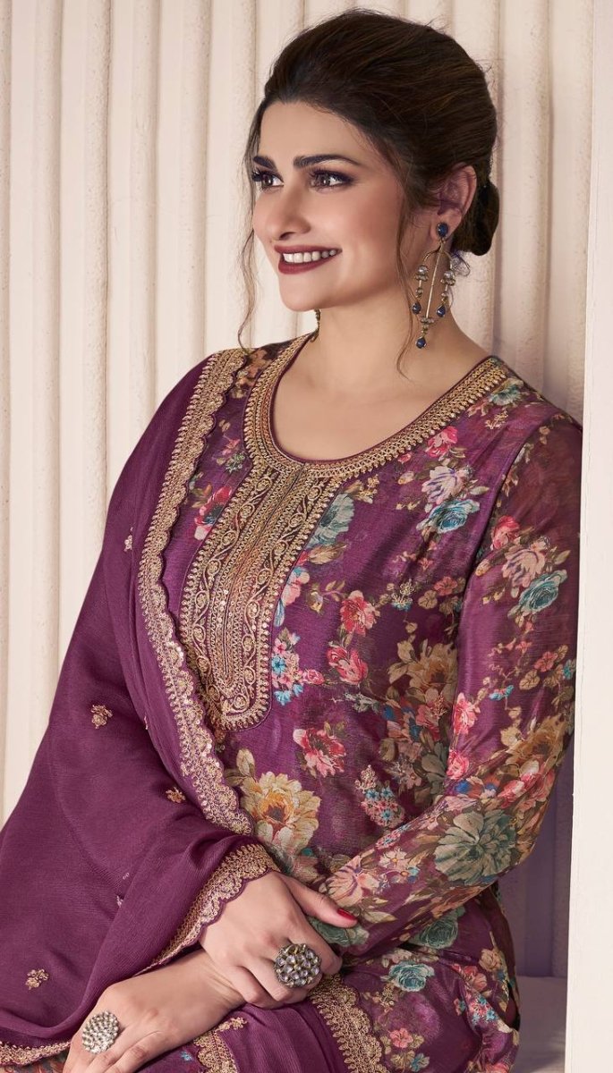 Floral Printed Chinon Silk Salwar kameez Suit Set with Sequence & Coding Work - 001FASHIONFORWARD