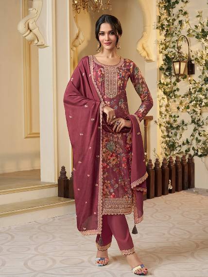 Floral Printed Chinon Silk Salwar kameez Suit Set with Sequence & Coding Work - 001FASHIONFORWARD