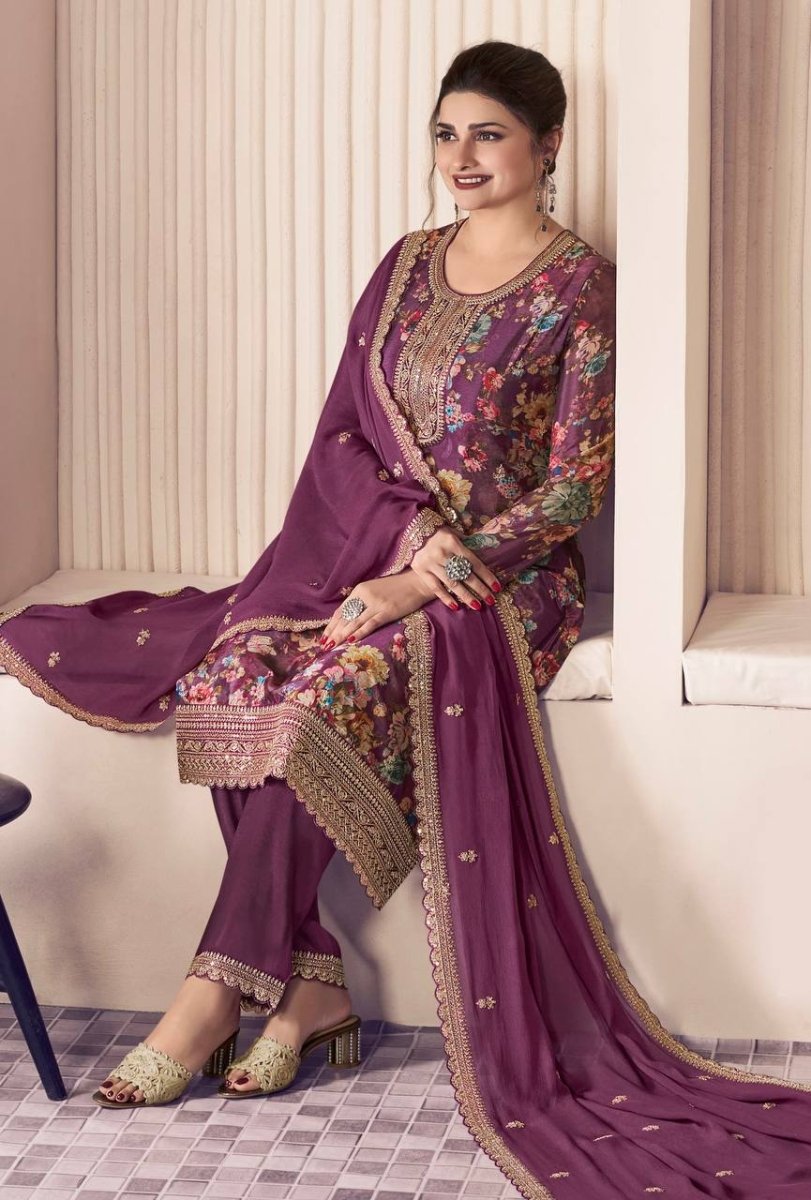 Floral Printed Chinon Silk Salwar kameez Suit Set with Sequence & Coding Work - 001FASHIONFORWARD