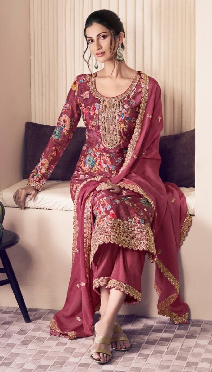 Floral Printed Chinon Silk Salwar kameez Suit Set with Sequence & Coding Work - 001FASHIONFORWARD