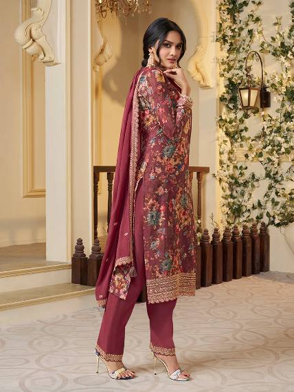 Floral Printed Chinon Silk Salwar kameez Suit Set with Sequence & Coding Work - 001FASHIONFORWARD